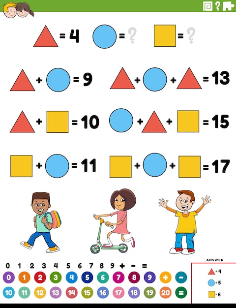 math addition educational task with children characters