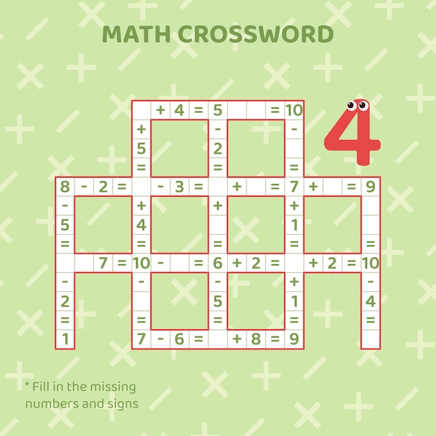 Math Crossword puzzle for children solve examples. Education materials for kids.