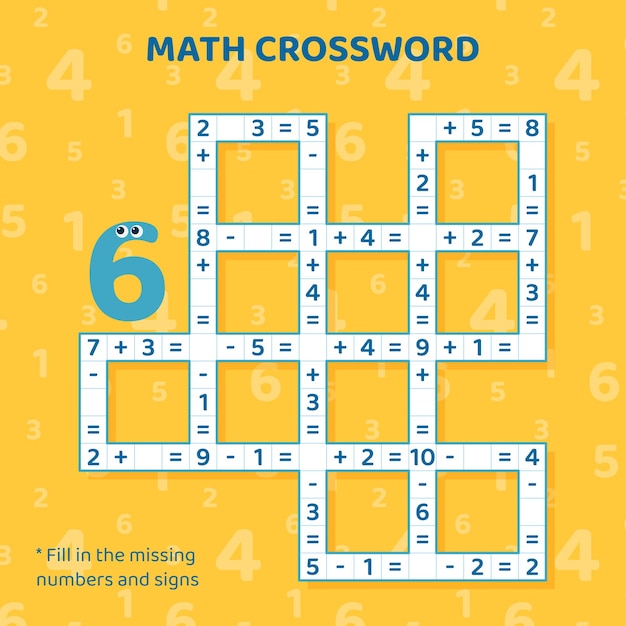 Math Crossword puzzle for kids. Addition and subtraction. Counting up to 10. Vector illustration