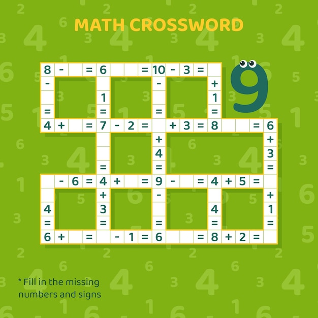 Math Crossword puzzle for kids. Addition and subtraction. Counting up to 10. Vector illustration