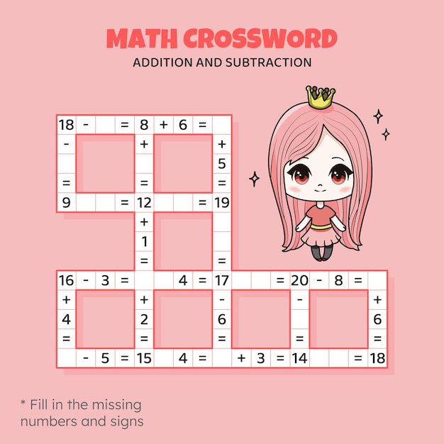 Math Crossword puzzle for kids Addition and subtraction Counting up to 20 Game for children