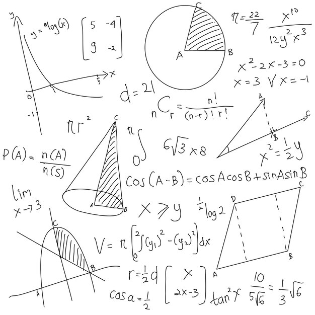 Vector math doodle formulas on white background