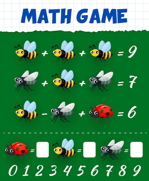 Math game of cartoon bee fly and ladybug insects