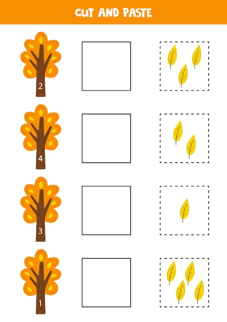 Math game for kids Count and paste cute autumn leaves to trees