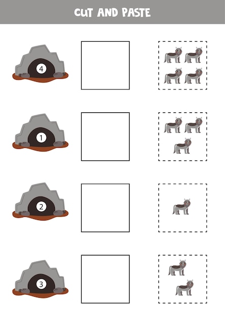 Math game for kids Count and paste cute wolves to the lairs