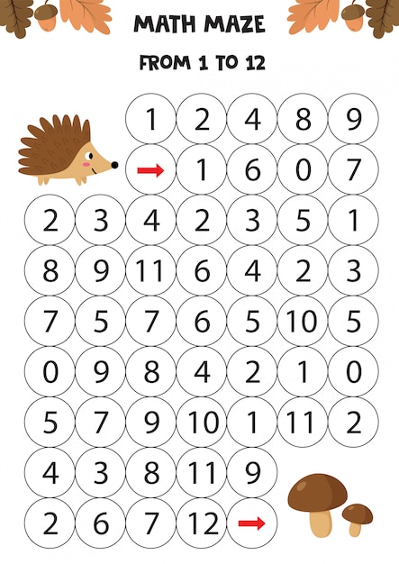 Math game for kids. Cute cartoon hedgehog goes to the mushrooms.