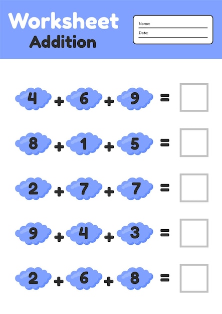 Math game for preschool and school age children. Count and insert the correct numbers. Addition. Clouds.