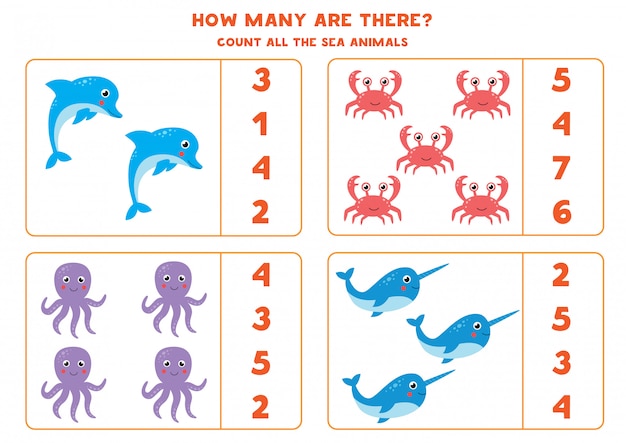 Math game with cartoon sea animals. Count and circle the right answer.