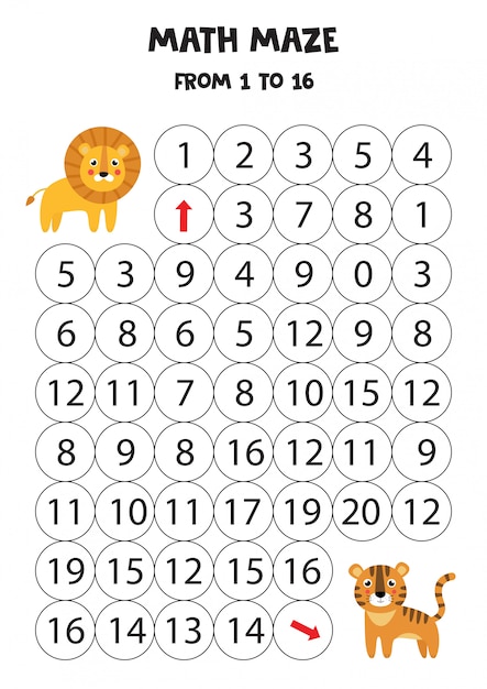 Math game with cute lion and tiger.