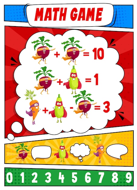 Math game worksheet cartoon vegetable superhero