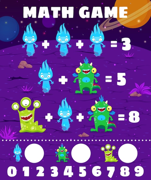 Math game worksheet with alien monster characters