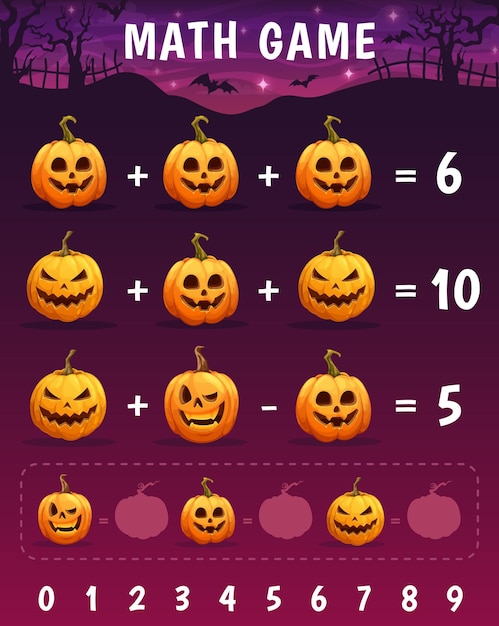 Math game worksheet with Cartoon Halloween pumpkin