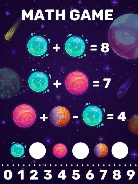 Math game worksheet with cartoon space planets