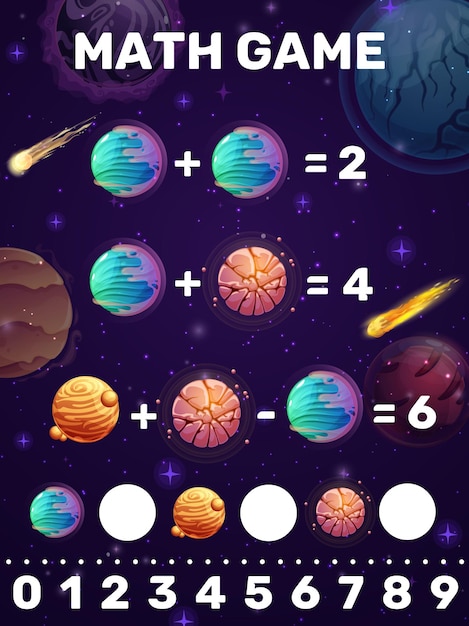 Math game worksheet with cartoon space planets