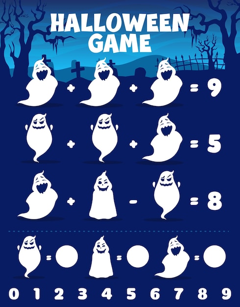 Math game worksheet with Halloween ghost character