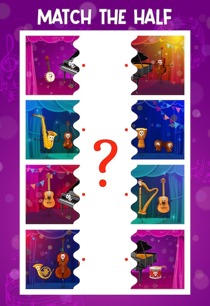 Math the half game cartoon musical instruments characters on stage Parts matching quiz or puzzle game vector worksheet with banjo piano violin and saxophone guitar drum cheerful personages