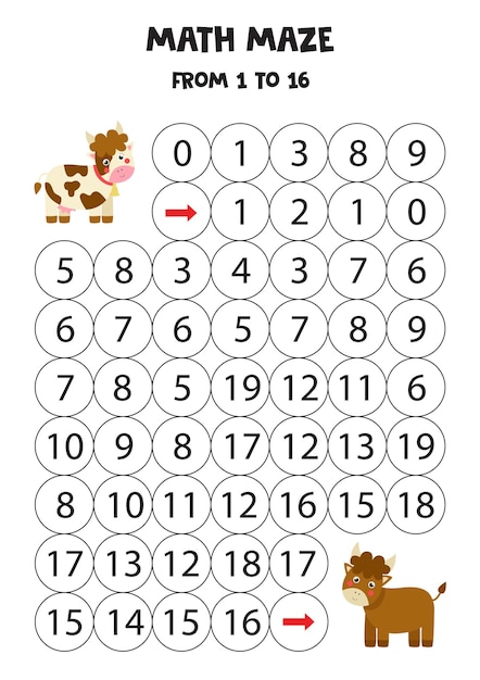 Math maze with cute cow and bull. Count to 16. Printable game for kids.