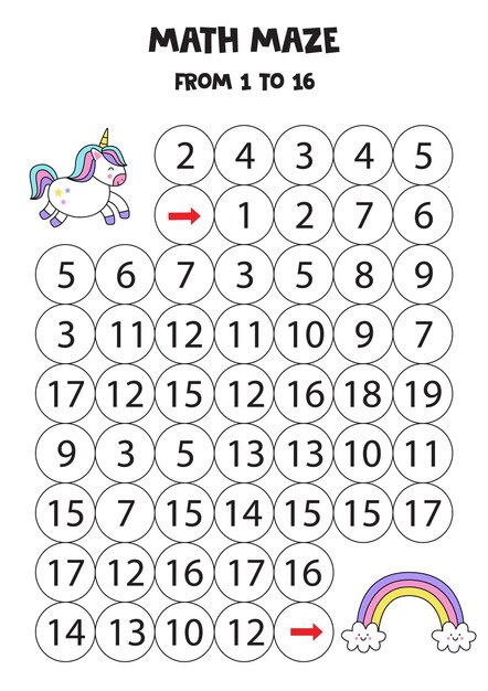 Vector math maze with cute unicorn and rainbow. count to 16. printable game for kids.