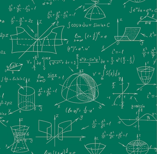 Math science vector seamless pattern with handwritten formulas on a green chalkboard for the background.