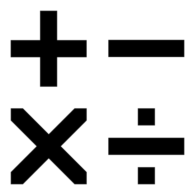 Vector math symbols black icon set, plus, minus, multiplied by, divided by.