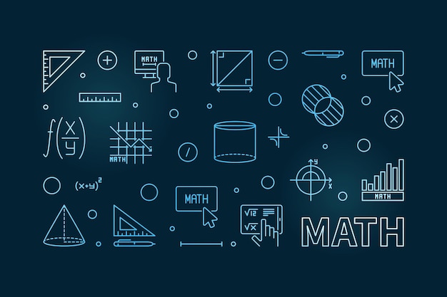 Math vector concept blue banner Math horizontal modern illustration in outline style