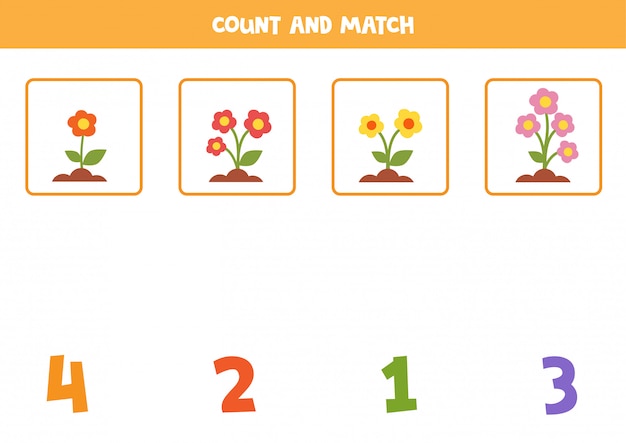 Math worksheet for kids. Counting game with cute cartoon colorful flowers.