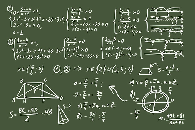 Mathematical algebra science formulas  doodle equation and graphics signs Math geometry