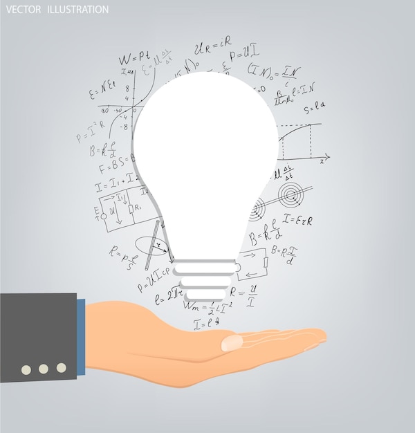 Mathematical equations and formulas around the bulbs on a white background