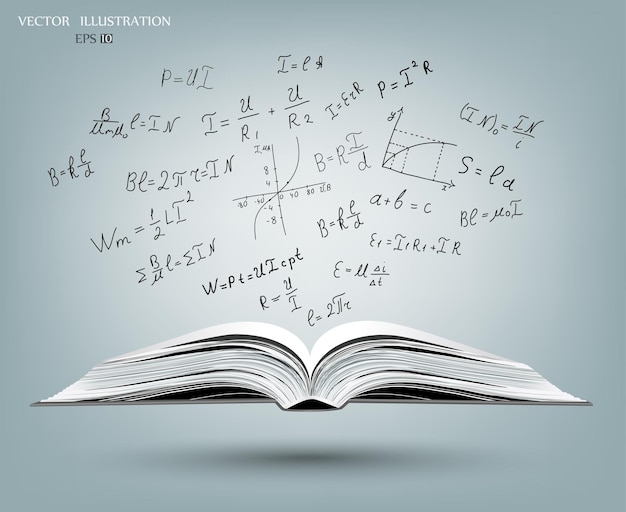 Mathematical formulas and graphs on the open book