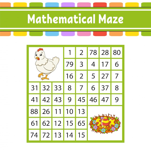 Mathematical maze. Game for kids. Number labyrinth. Education developing worksheet. Activity page.