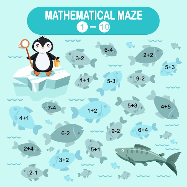 Mathematical maze game for small children Winter collection Penguin is fishing