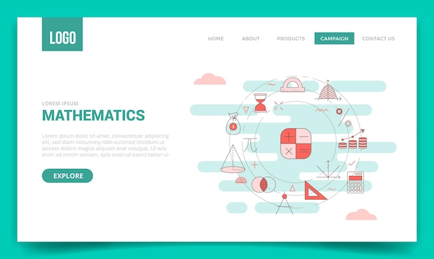 Mathematics concept with circle icon for website template or landing page banner homepage outline style illustration