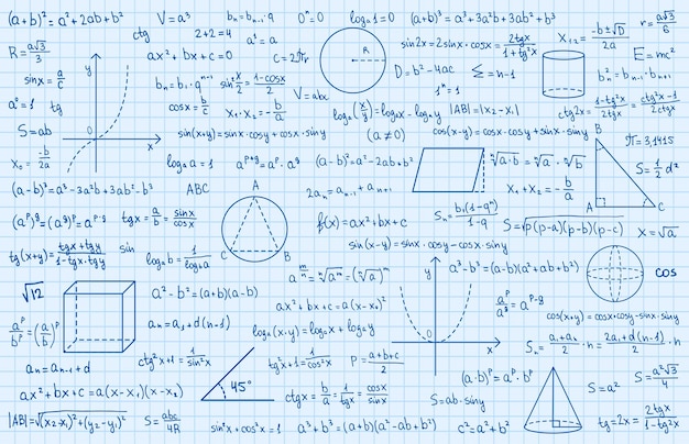 Vector mathematics theory and mathematical formula handwritten symbols isolated on blue background with hand drawn formulas used for school education and paperwork vector illustration