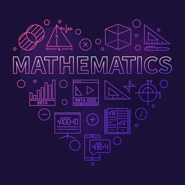 Mathematics vector thin line heart shaped colored banner Math Science outline illustration