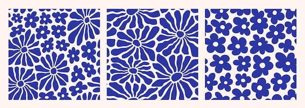 Matisse curves aestethic seamless patterns Groovy abstract flower art in blue color