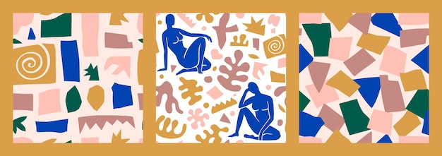 Matisse Inspired Abstract Art Seamless Pattern Set with female Figure and Organic Shapes in a trendy minimal style. Vector Collage Background of female body, geometric shapes made of cut paper