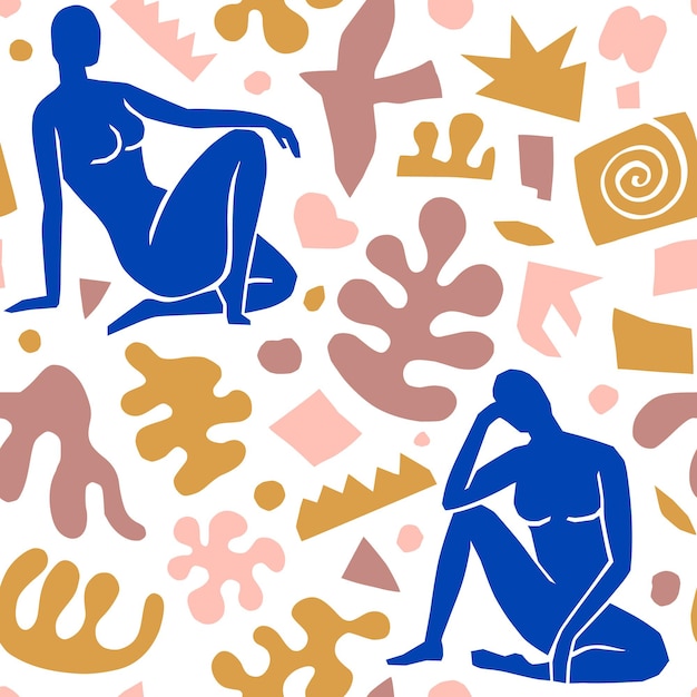 Vector matisse inspired abstract art seamless pattern with female figure and organic shapes in a trendy minimal style. vector collage background of female body, birds and botanical elements made of cut paper