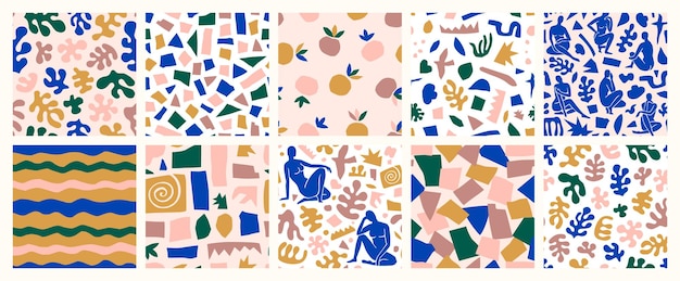 Matisse Inspired Abstract Seamless Pattern Set with Organic Cut Out Shapes in a Trendy Minimal Style. Vector Collage Background of Female Body, Botanical and Geometric Elements made of Cut Paper