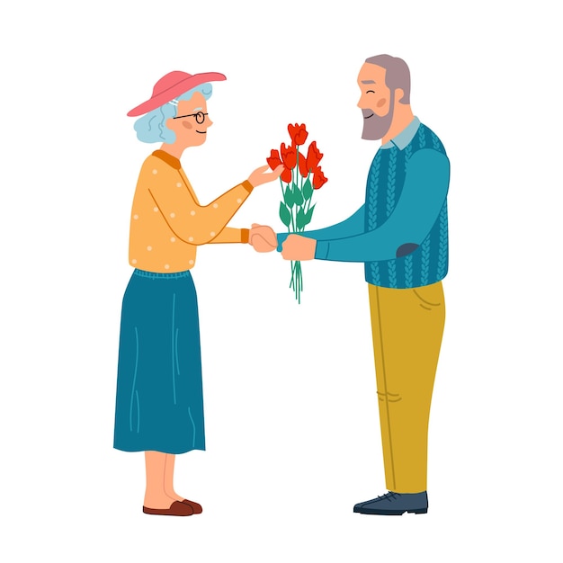 Mature couple in love man gives flowers to woman