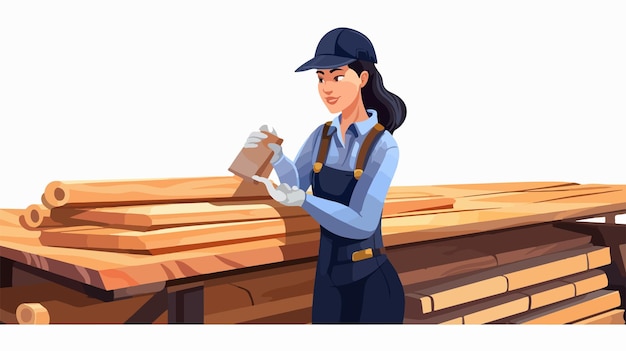 Mature Female Worker Examining Wooden Planks at Lumberyard