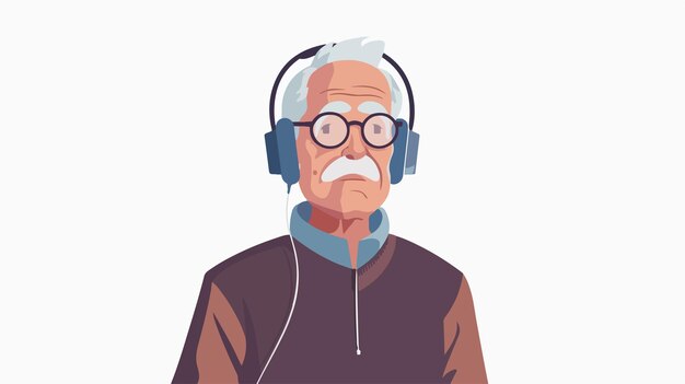 Vector mature greyhaired man with headphones in flat style