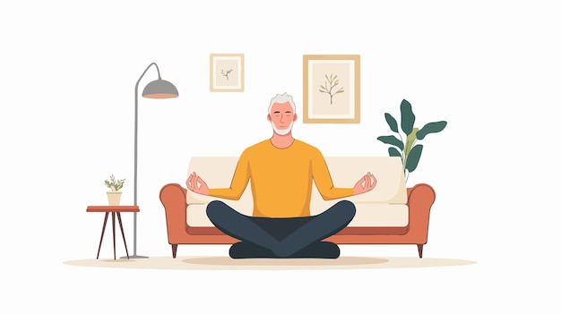 Vector mature man doing meditation while sitting crossed legs