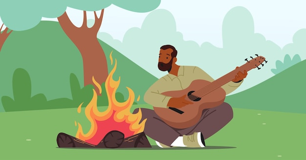 Mature Man Sitting at Campfire Singing Songs and Playing Guitar. Active Tourist Male Character Sparetime in Summer Camp. Leisure, Vacation Hiking or Traveling Adventure. Cartoon Vector Illustration