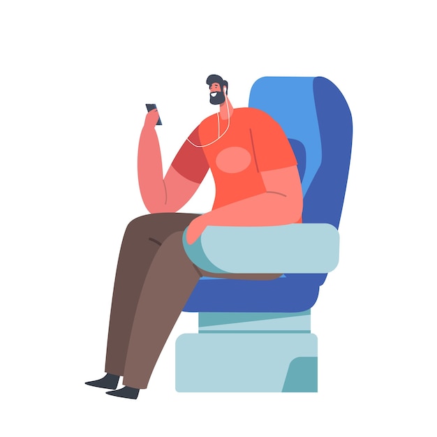 Mature Man Sitting in Comfortable Airplane Seat Relaxing and Use Smartphone during Flight Passenger Travel by Plane