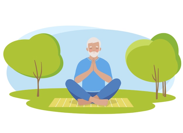 Mature older man meditating and exercising yoga lotus position in nature