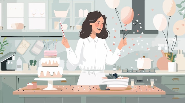 Vector mature woman celebrating birthday in kitchen vector illustration