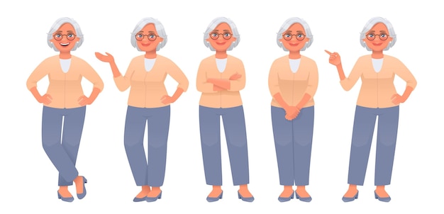 Mature woman character set Elderly energetic posing pointing at something