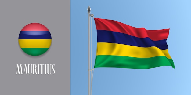 Mauritius waving flag on flagpole and round icon   illustration.