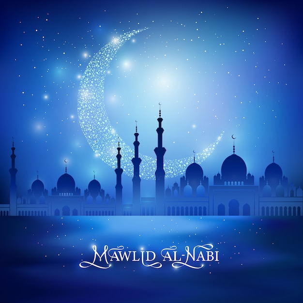 Mawlid Al Nabi - celebration of the birthday of the prophet Muhammad. Calligraphy drawing congratulation text and shine crescent moon, mosque silhouette on a night blue background. Vector Illustration