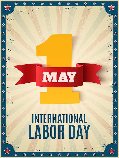 May 1st. Labor Day. Poster template with colorful rays and stars.